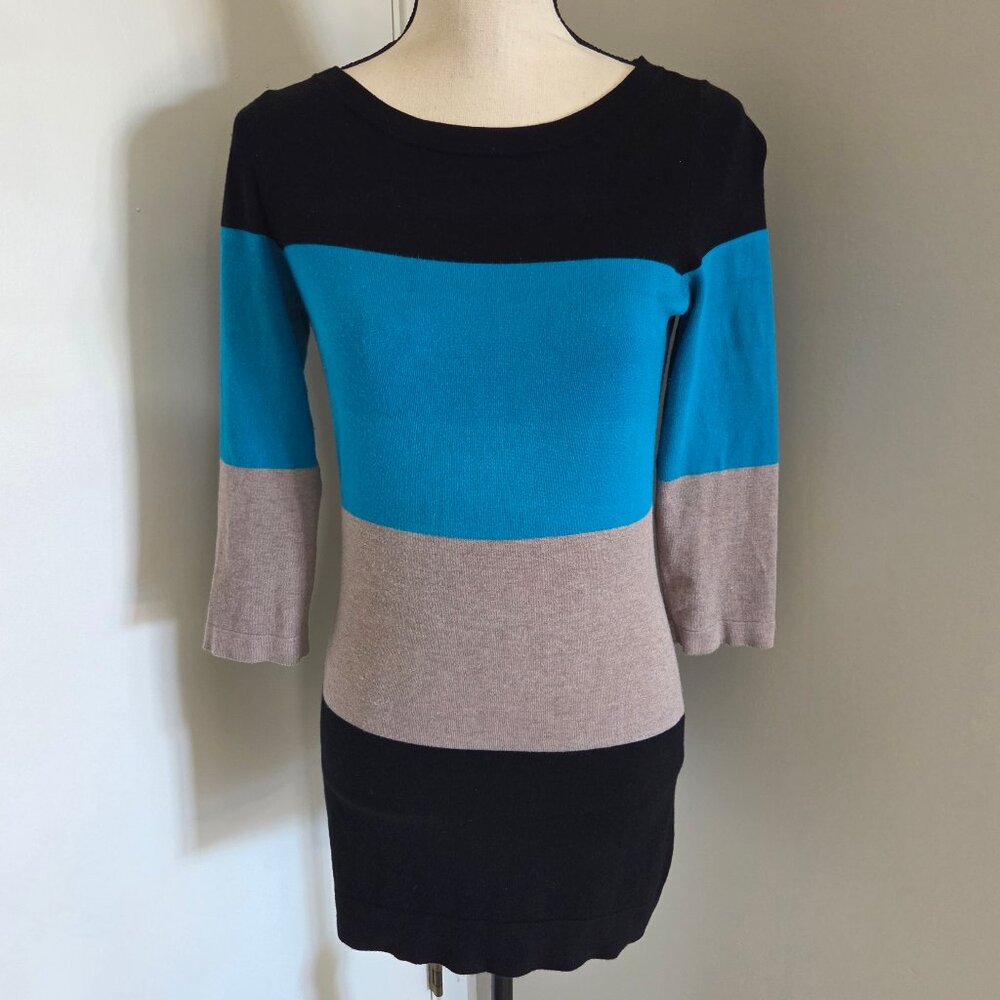 INC International Concepts Sweater Small Blue Black Tunic 3/4 Sleeve Colorblock